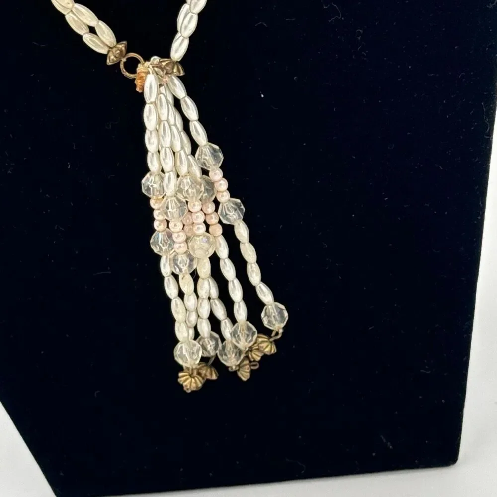 Vintage 1950s Faux Pearl Crystal Tassel Necklace Double Strand Mid Century State
